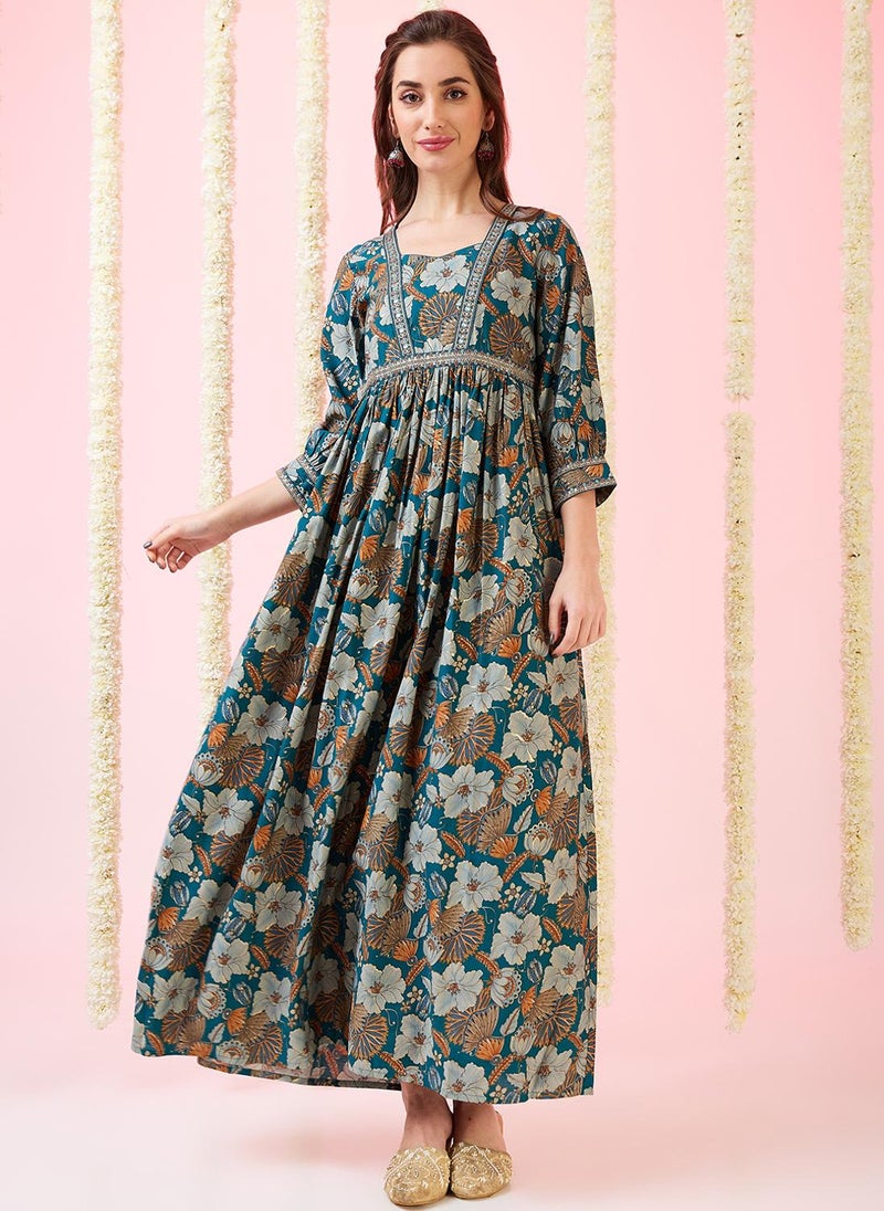 Globus Women Sweetheart Neck Embroidered Foil Floral Print Gathered A-Line Festive Maxi Dress - Image 1
